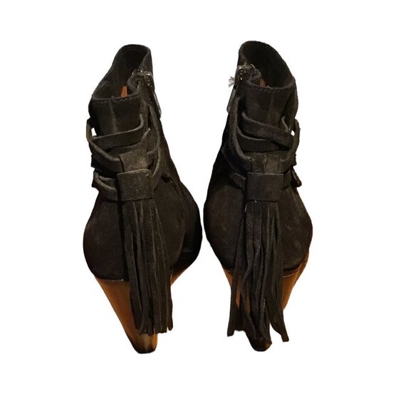 Nwt - FRYE - CeCe Tassel Lace Black Suede Stacked Wedge Heel Booties - Size 7.5M - Picture 8 of 13